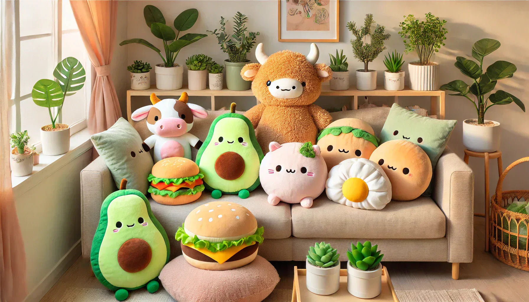Cozy collection of plush food toys arranged ion a couch in a home setting.