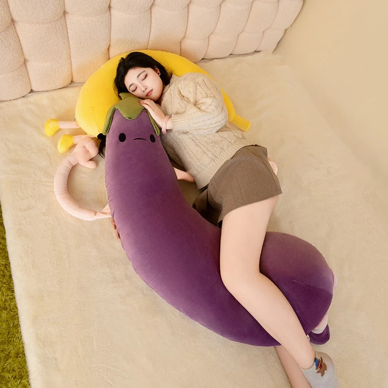 Banana & Eggplant Soothing Pillow | Dual-Fruit Plush Stuffed Cushion | soft stuffed plushie | size comparison