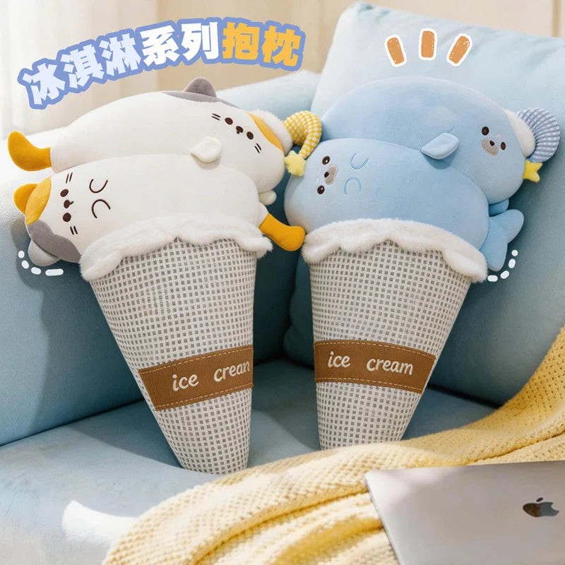 Ice Cream Cat & Seal Plush Pillow – Cool Fabric, 29-35" | 75-90 cm