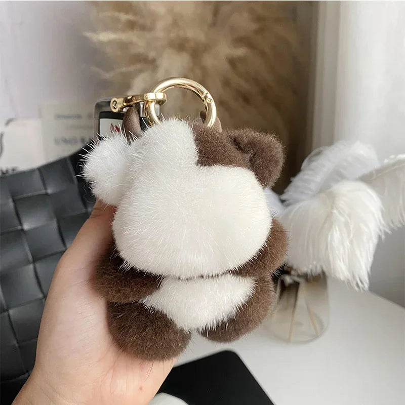 Cow Real Mink Fur Keychain Bag Charm – Plush Animal Pendant