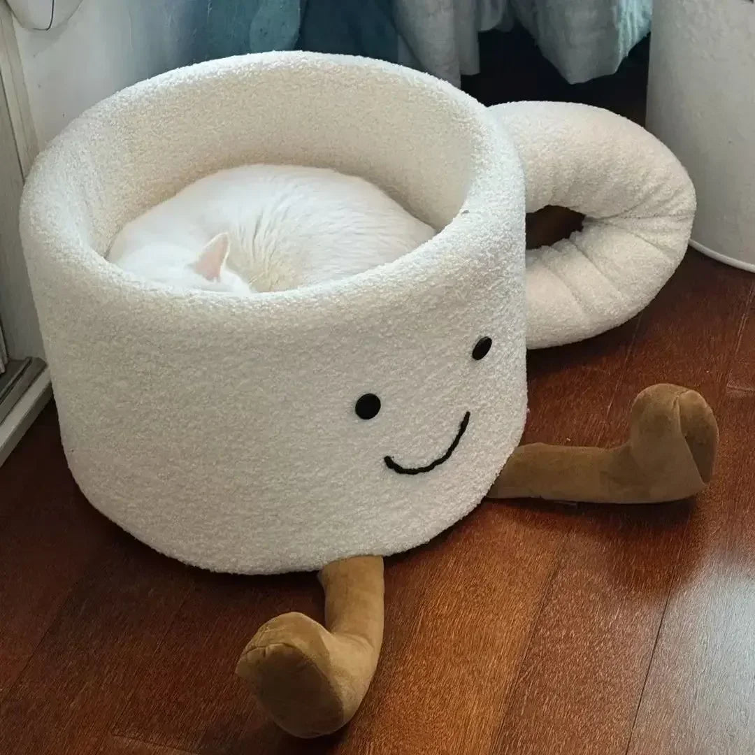 Coffee Cup-Shaped Cat Bed – Cozy Plush Cat House & Nest