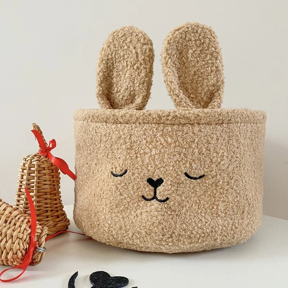Rabbit Ears Plush Storage Basket | Cute Embroidered Toy Organizer