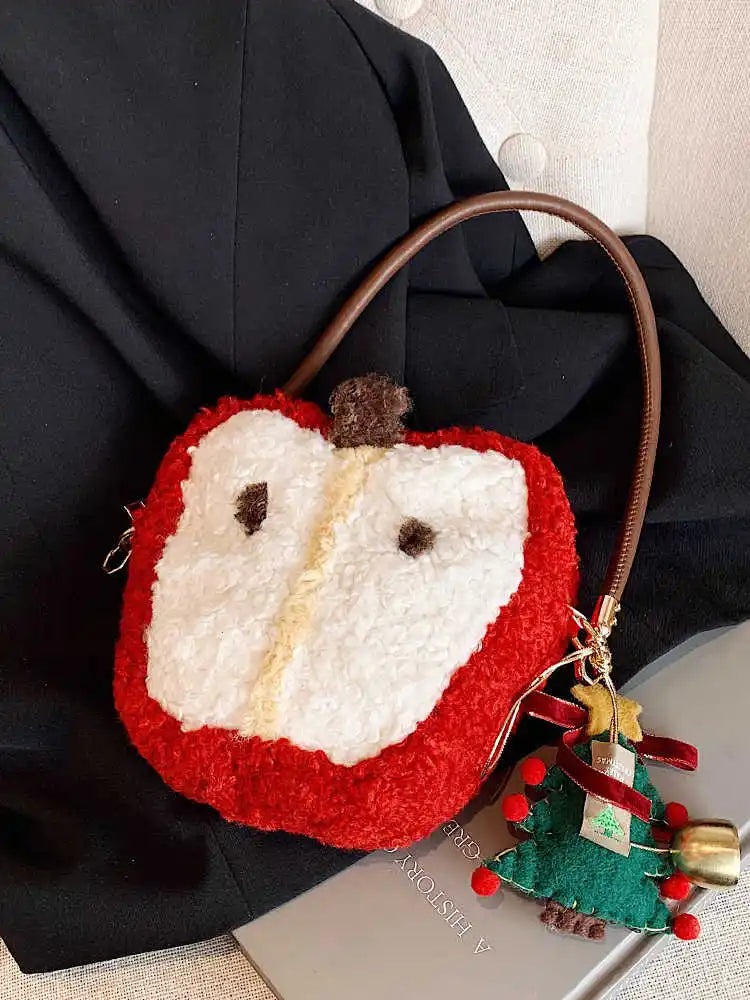 Red Apple Plush Shoulder Crossbody Bag – Furry Winter Clutch