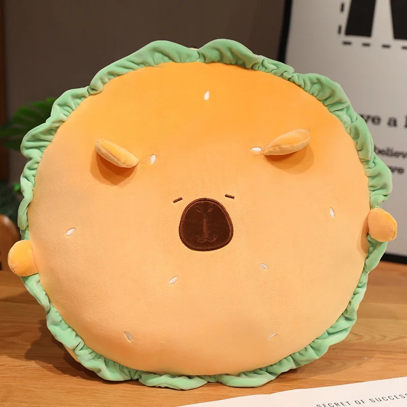 Capybara Hamburger Plush Pillow – Cute Food Stuffed Round Cushion