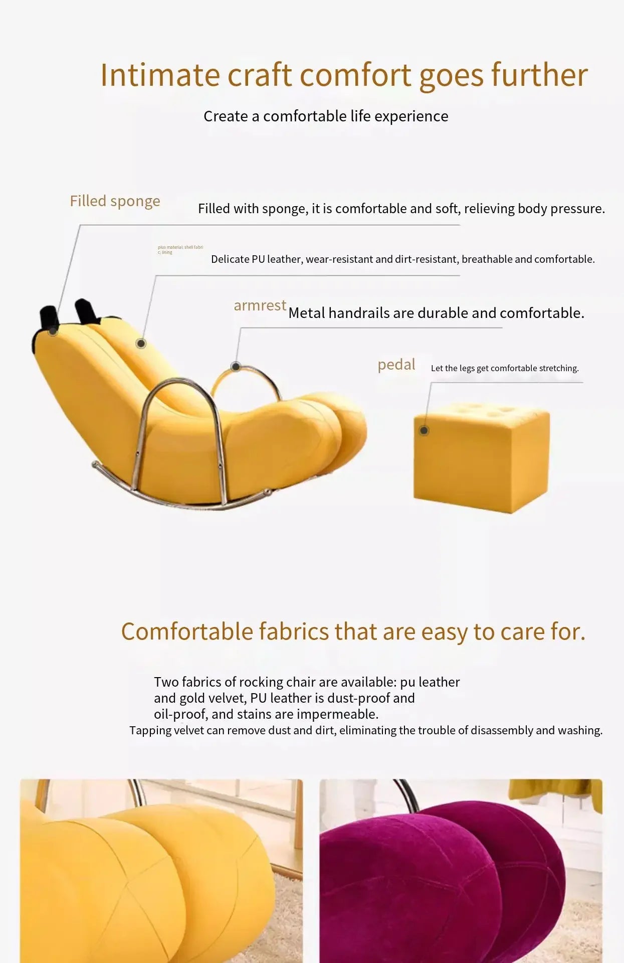 Silla mecedora Go Bananas - Cinco colores, diseño de cuero sintético o de felpa