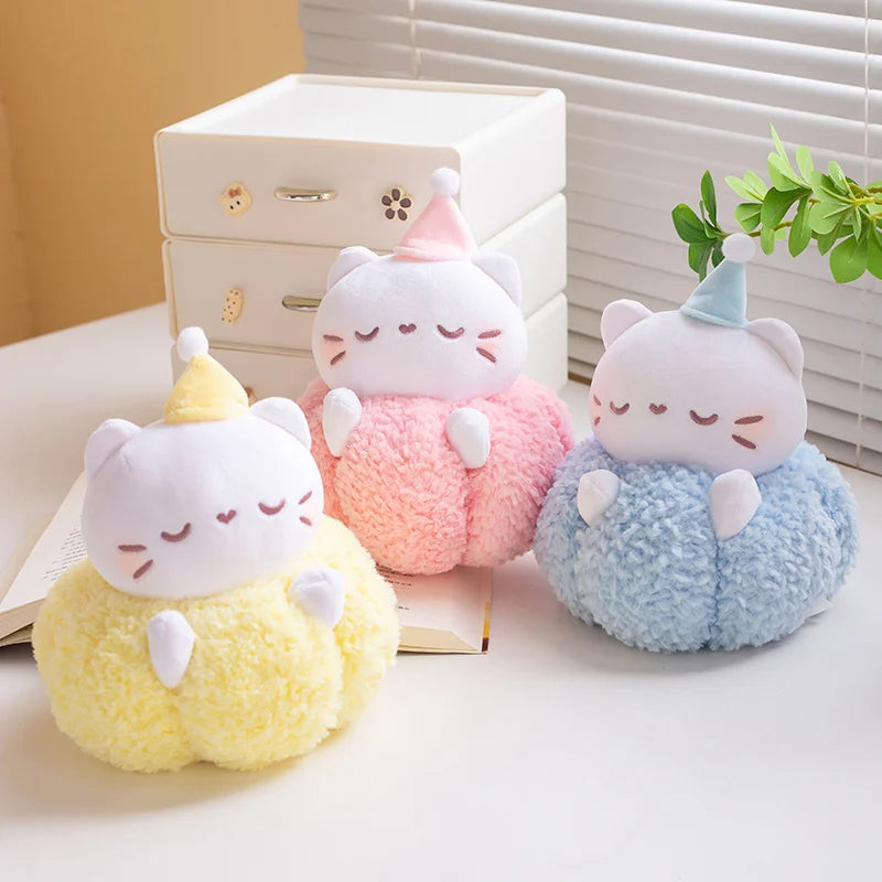 Kawaii Pumpkin Kitten Plush Toy – Soft Fluffy Chubby Appease Doll