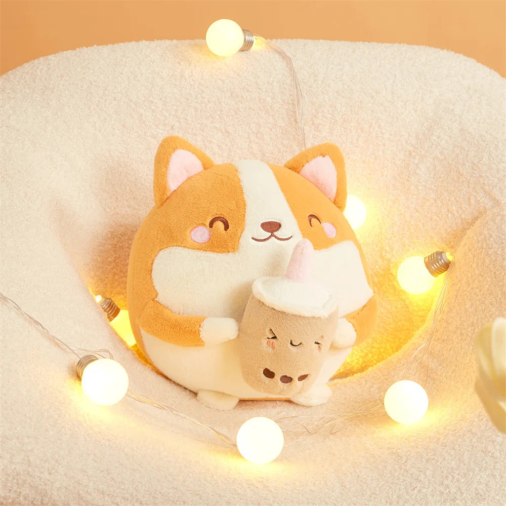 Corgi de peluche bebiendo té de burbujas, 12" | 30 centímetros