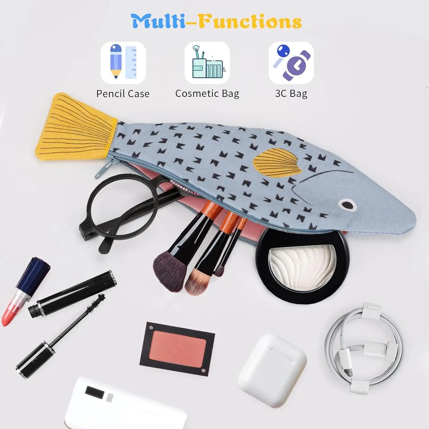 Fish-Shaped Novelty Pencil Case – Plush Fishbone Pen Bag