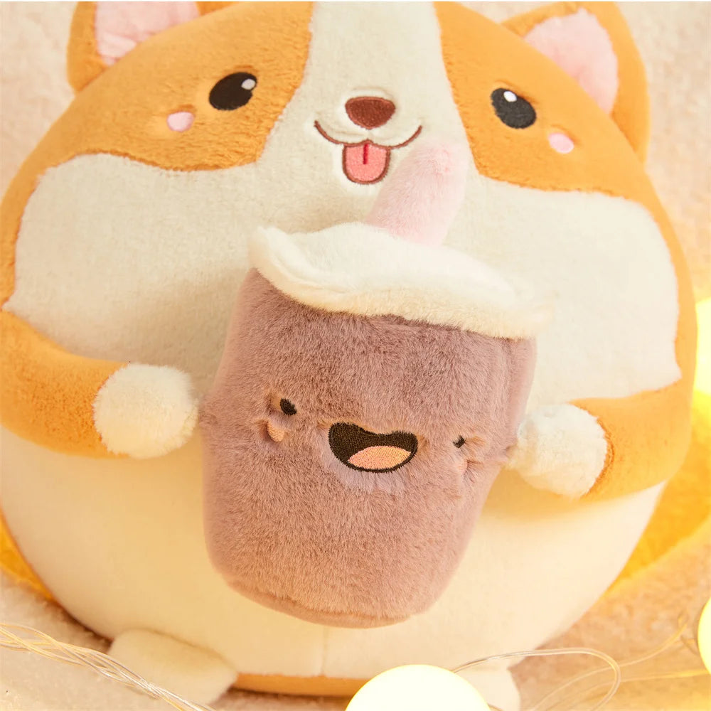 Corgi de peluche bebiendo té de burbujas, 12" | 30 centímetros