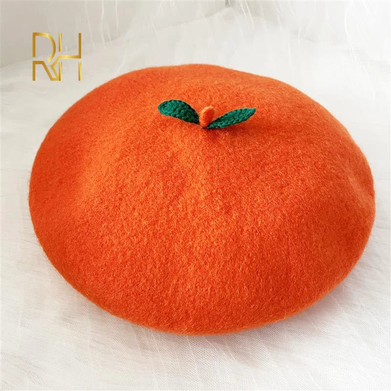 Fruit-Themed Plush Painter Beret – Cute Handmade Wool Felt Hat