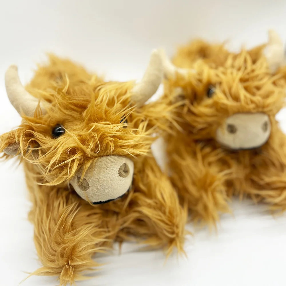 Fluffy Highland Cow Plush Slippers | Warm Indoor Animal Slides for Women & Men