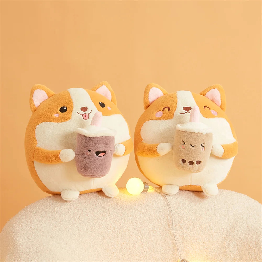 Plushie Corgi Drinking Bubble Tea, 12" | 30 cm