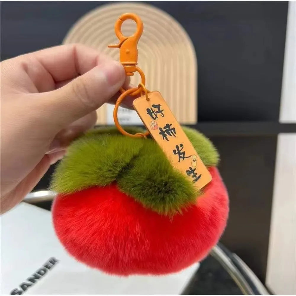 Mini Persimmon Rabbit Fur Keychain – Plush Soft Doll Key Ring
