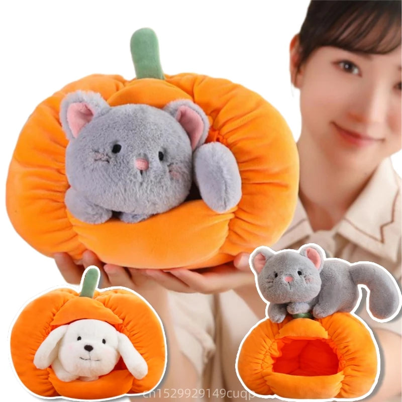 Peluche di zucca con animale di peluche nascosto