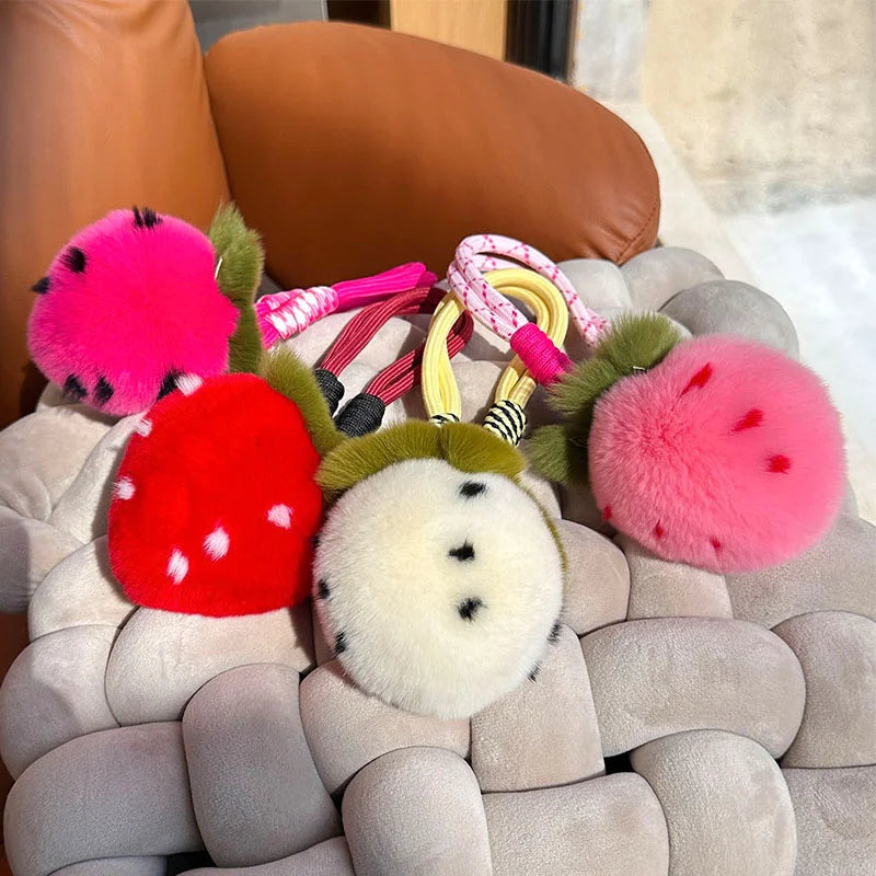 Kawaii Strawberry Plush Fur Keychain – 5 Colors, 3.5" | 9 cm