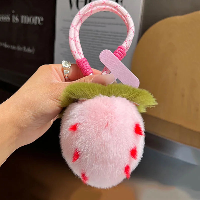 Kawaii Strawberry Plush Fur Keychain – 5 Colors, 3.5" | 9 cm