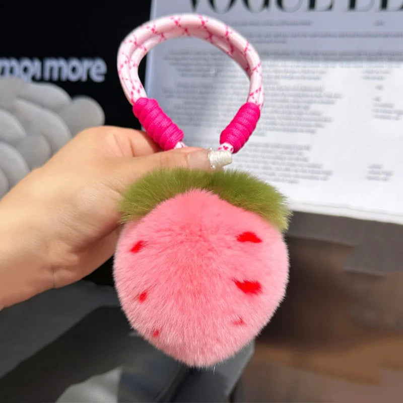 Kawaii Strawberry Plush Fur Keychain – 5 Colors, 3.5" | 9 cm