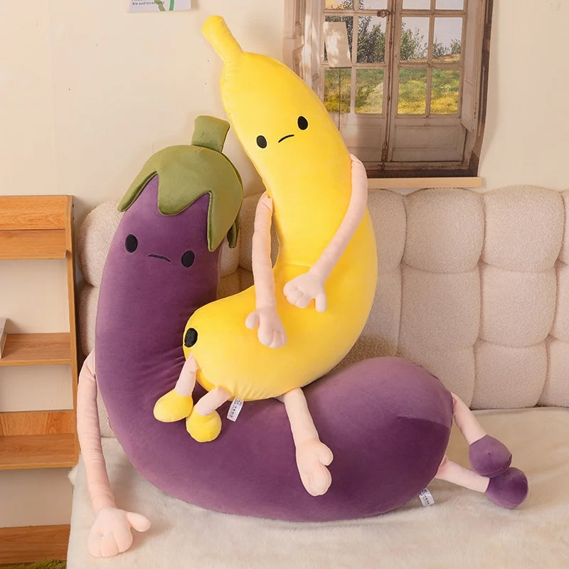 Banana & Eggplant Soothing Pillow | Dual-Fruit Plush Stuffed Cushion | soft stuffed plushie