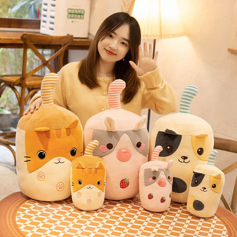 Plushie Bubble Tea dans une tasse en peluche, Trois animaux, 9" | 23 cm