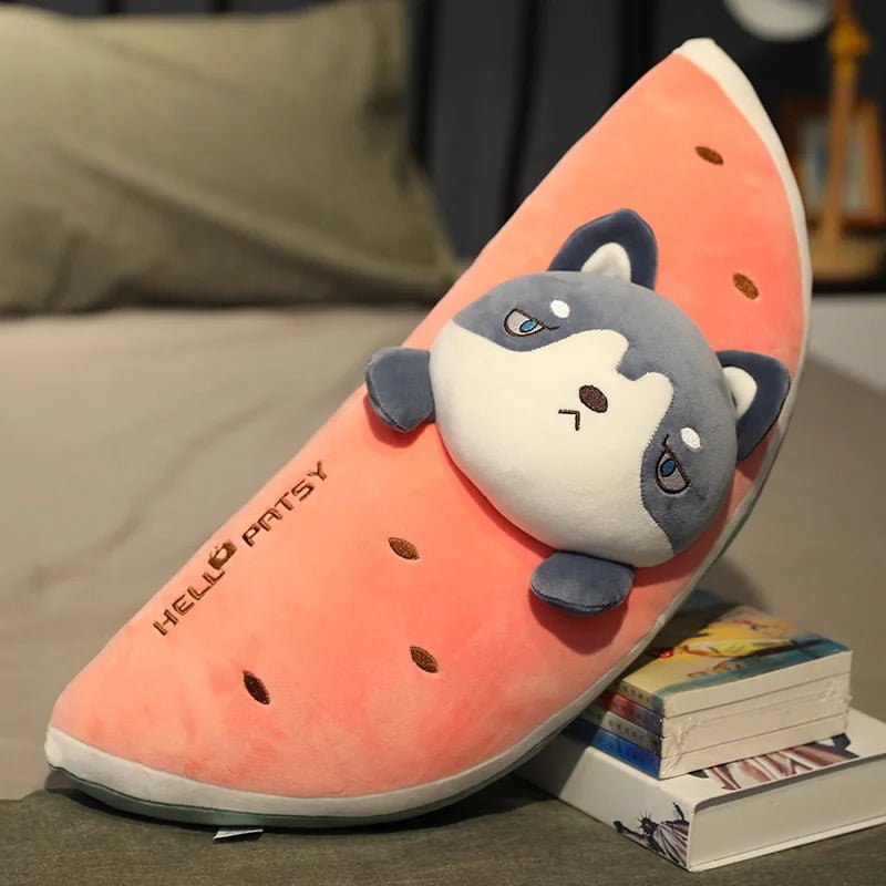 Plushie Animal Plushies in a Jumbo Watermelon Wedge, 7 Animals, 1.8-3.1' | 55-95 cm plush toy – – Grey Shiba Inu – Image 3 | Plushie Produce