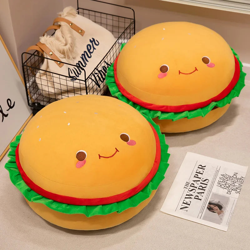 Smiling Hamburger Plushie Seat Cushion, 18" | 45 cm plush toy – – – Image 1 | Plushie Produce