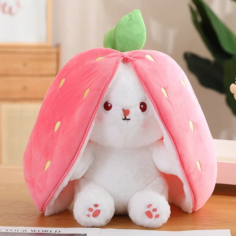 Reversible Rabbit Stuffed Animal in a Strawberry or Carrot, 7-14" | 18-35 cm plush toy – – strawberry & rabbit – Image 2 | Plushie Produce