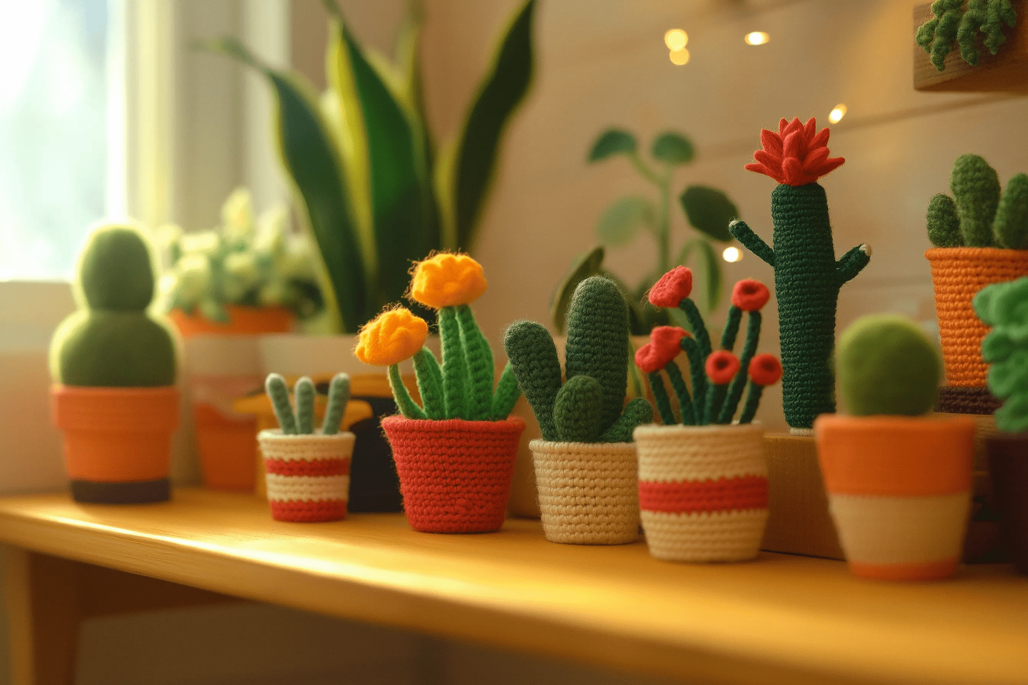 Fake crochet plants on a wooden shelf