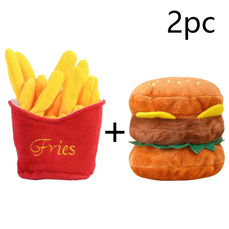 French Fries & Hamburger Plush Pet Toy Set | Food-Shaped Stuffed Dog Toys