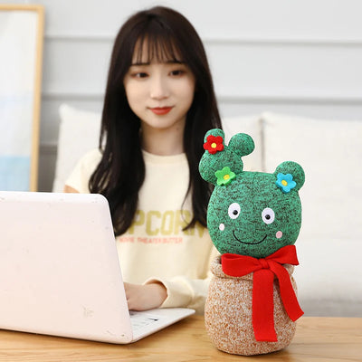 Korea Drama Cactus Bow-Tie Plush Plant – Potted Desk Decor