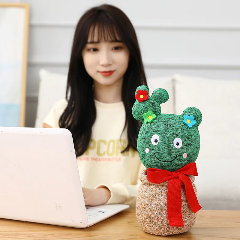 Korea Drama Cactus Bow-Tie Plush Plant – Potted Desk Decor