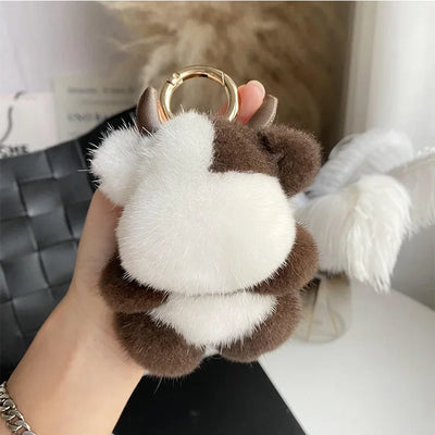 Cow Real Mink Fur Keychain Bag Charm – Plush Animal Pendant