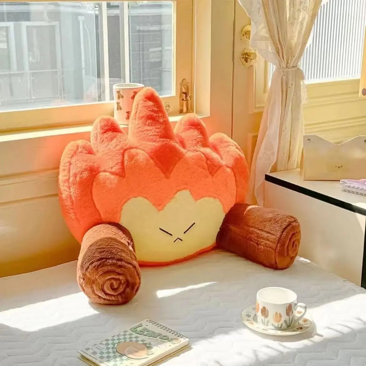 Plush Fire Backrest and Plush Toys – Soft Plush Cartoon Flame with Log Arms