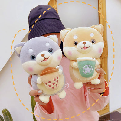 Plushie Shiba Inu buvant du bubble tea, 2 styles, 8" | 20 cm