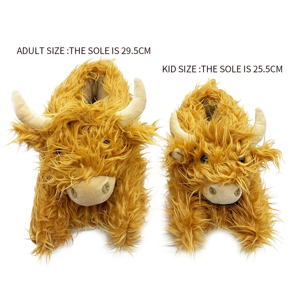 Fluffy Highland Cow Plush Slippers | Warm Indoor Animal Slides for Women & Men