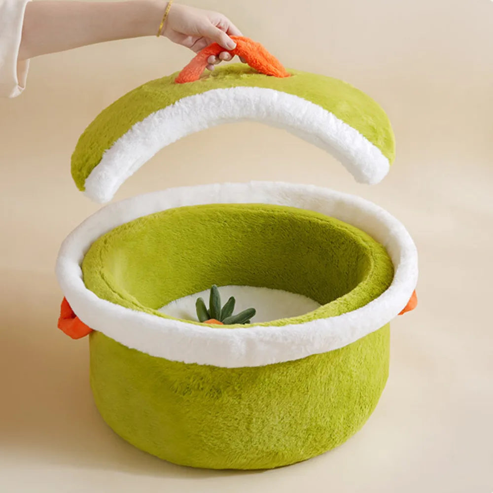 Cama para Mascotas Olla de Cocina 🍲 | Cama de felpa acogedora para gatos y perros pequeños