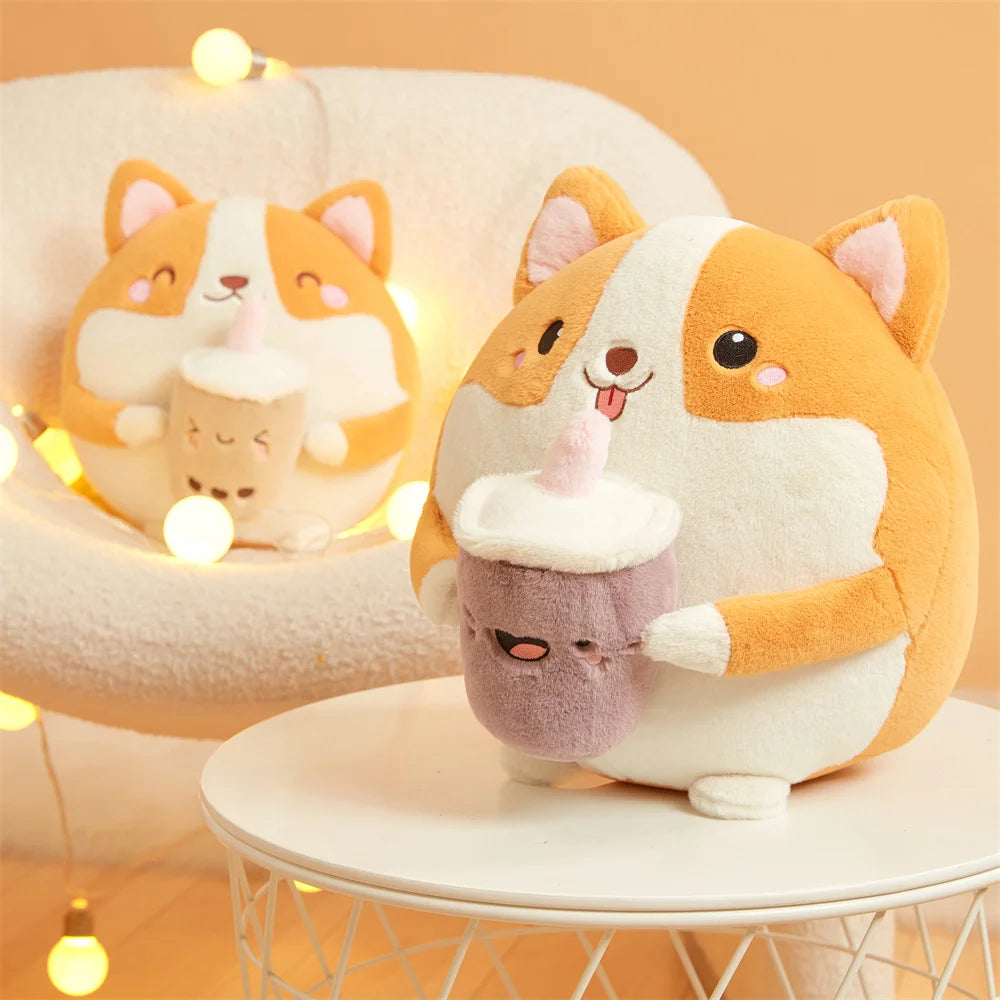 Plüsch Corgi Trinkt Bubble Tea, 12" | 30 cm