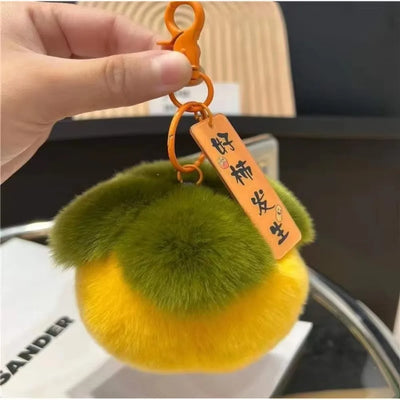 Mini Persimmon Rabbit Fur Keychain – Plush Soft Doll Key Ring