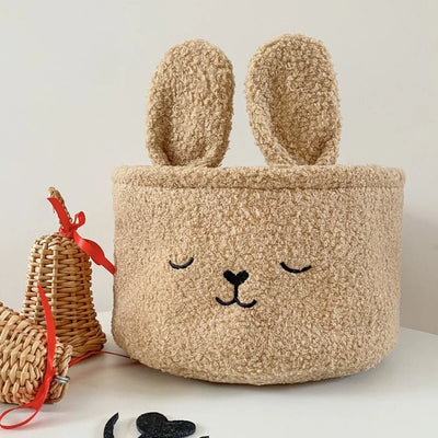 Rabbit Ears Plush Storage Basket | Cute Embroidered Toy Organizer