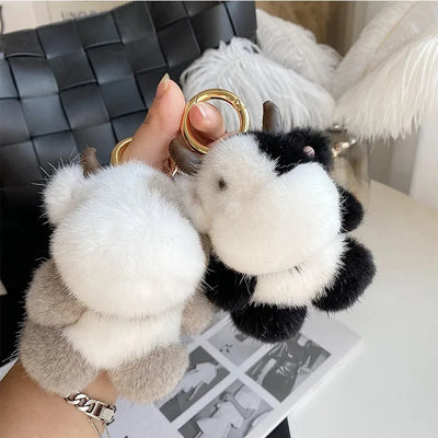 Cow Real Mink Fur Keychain Bag Charm – Plush Animal Pendant
