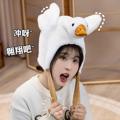 Bouncy Animal Ear Plush Hat | Moving Goose & Bunny Headwear