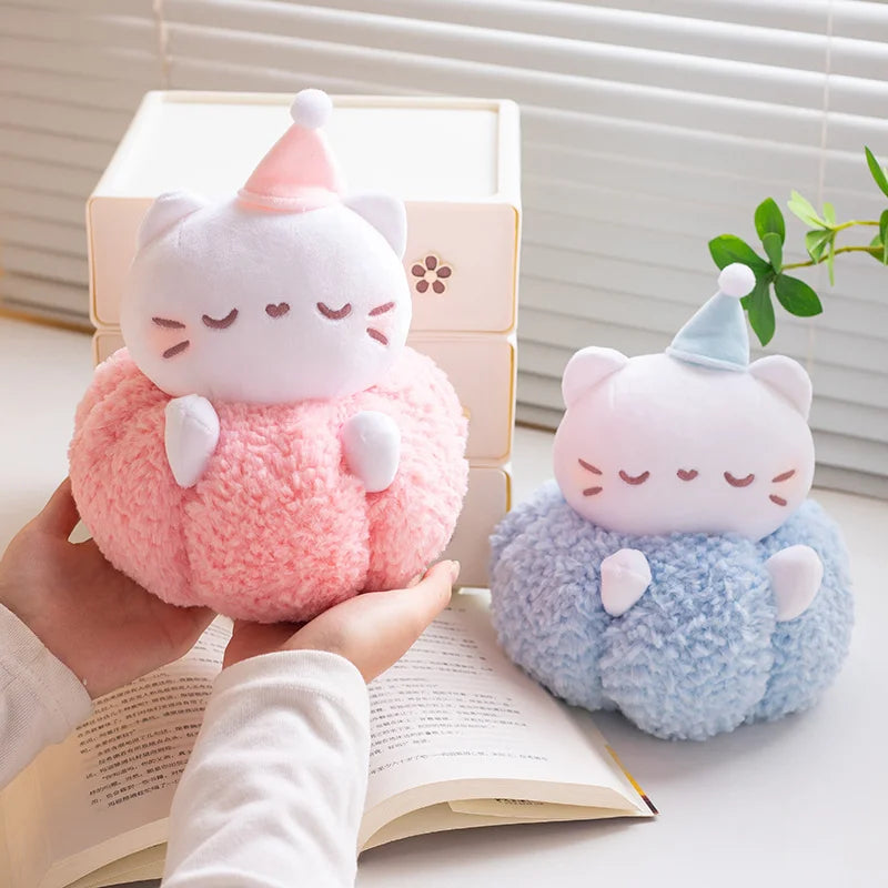 Kawaii Pumpkin Kitten Plush Toy – Soft Fluffy Chubby Appease Doll