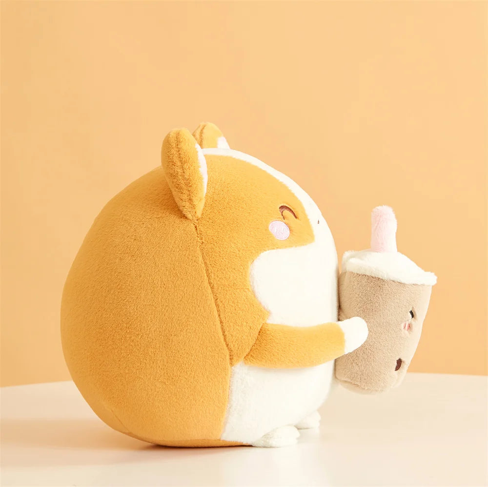 Corgi de peluche bebiendo té de burbujas, 12" | 30 centímetros