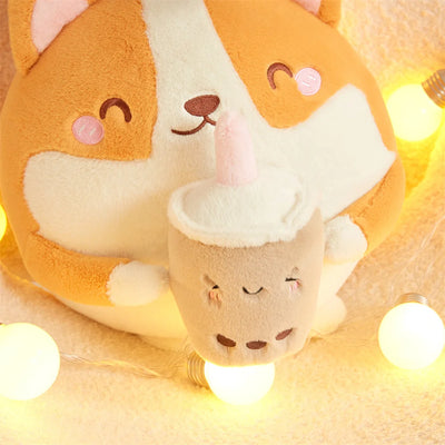 Corgi de peluche bebiendo té de burbujas, 12" | 30 centímetros