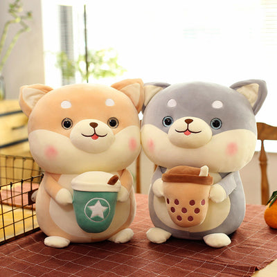 Plushie Shiba Inu buvant du bubble tea, 2 styles, 8" | 20 cm