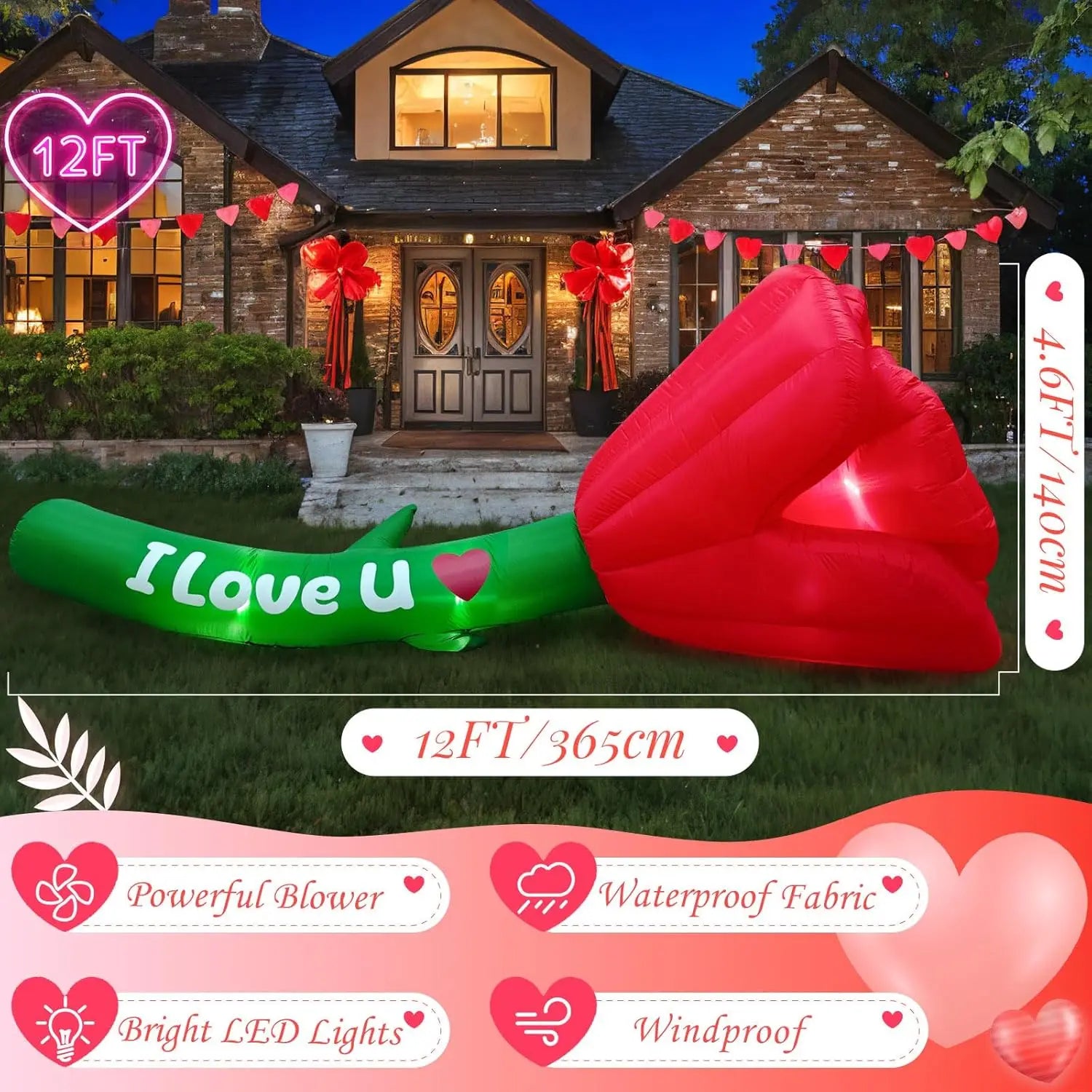 Inflatable Valentine's Rose – 12 FT/3.65m LED Lawn Decoration