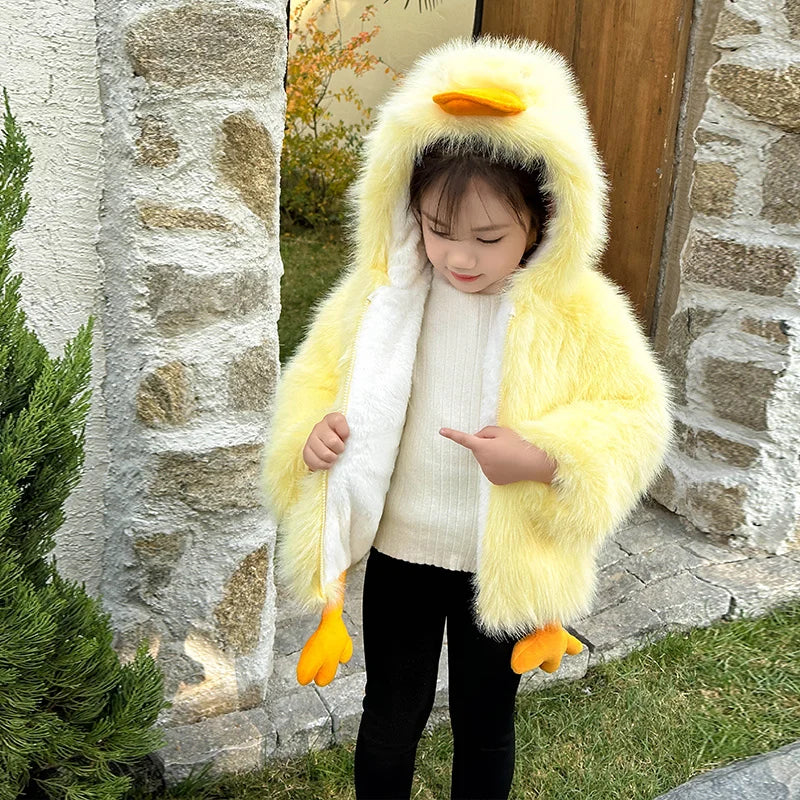 Duck-Themed Plush Hood Kids Jacket – Warm Cartoon Coat for Children