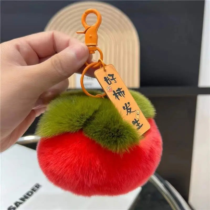 Mini Persimmon Rex Rabbit Fur Keychain – Cute Bag Pendant