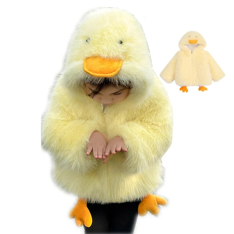 Duck-Themed Plush Hood Kids Jacket – Warm Cartoon Coat for Children