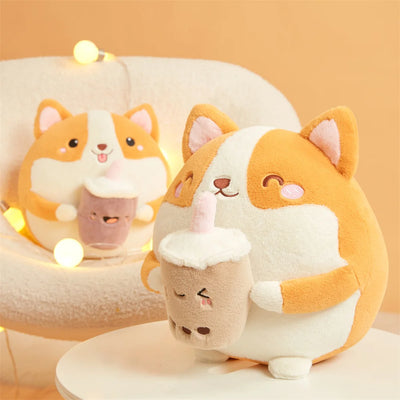 Corgi de peluche bebiendo té de burbujas, 12" | 30 centímetros