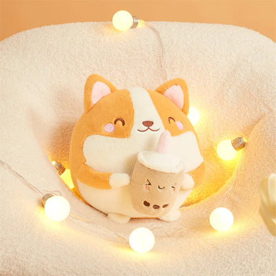 Corgi de peluche bebiendo té de burbujas, 12" | 30 centímetros